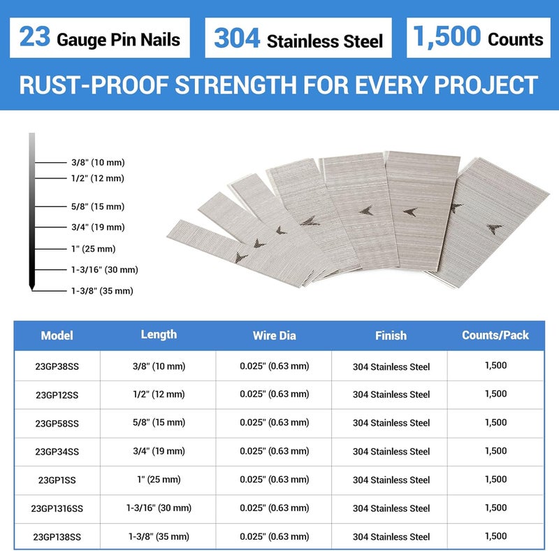 Meite 23 Gauge Pin Nails, 1-3/8 Inch 304 Stainless Steel Pin Nails - Micro 23GA Headless Nails for Nail Gun for Trim, Craft, and Woodworking (1,500 Counts) - Image 2